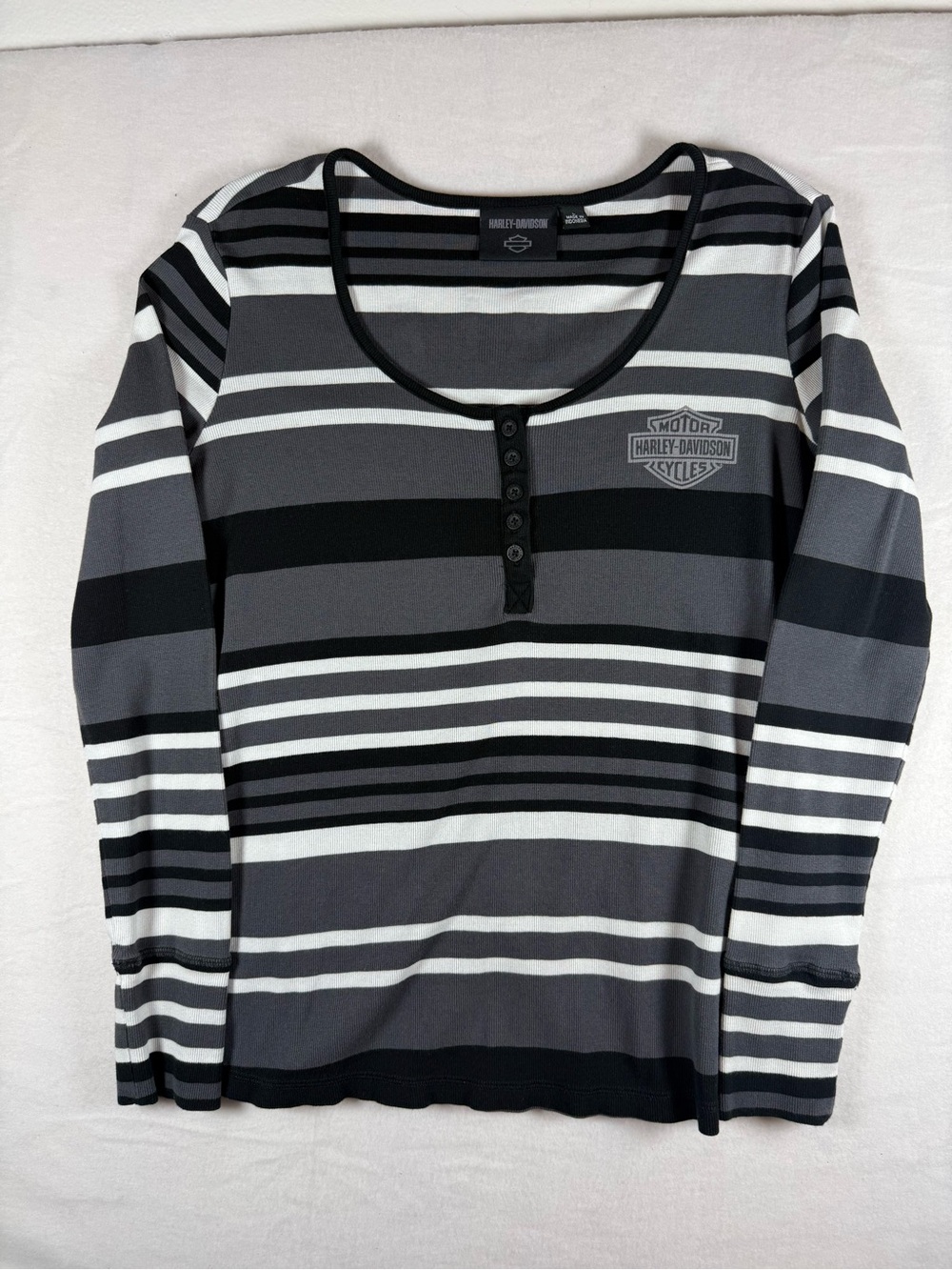 Harley Davidson Black/Grey/White Stripped Long Sleeve T Large
